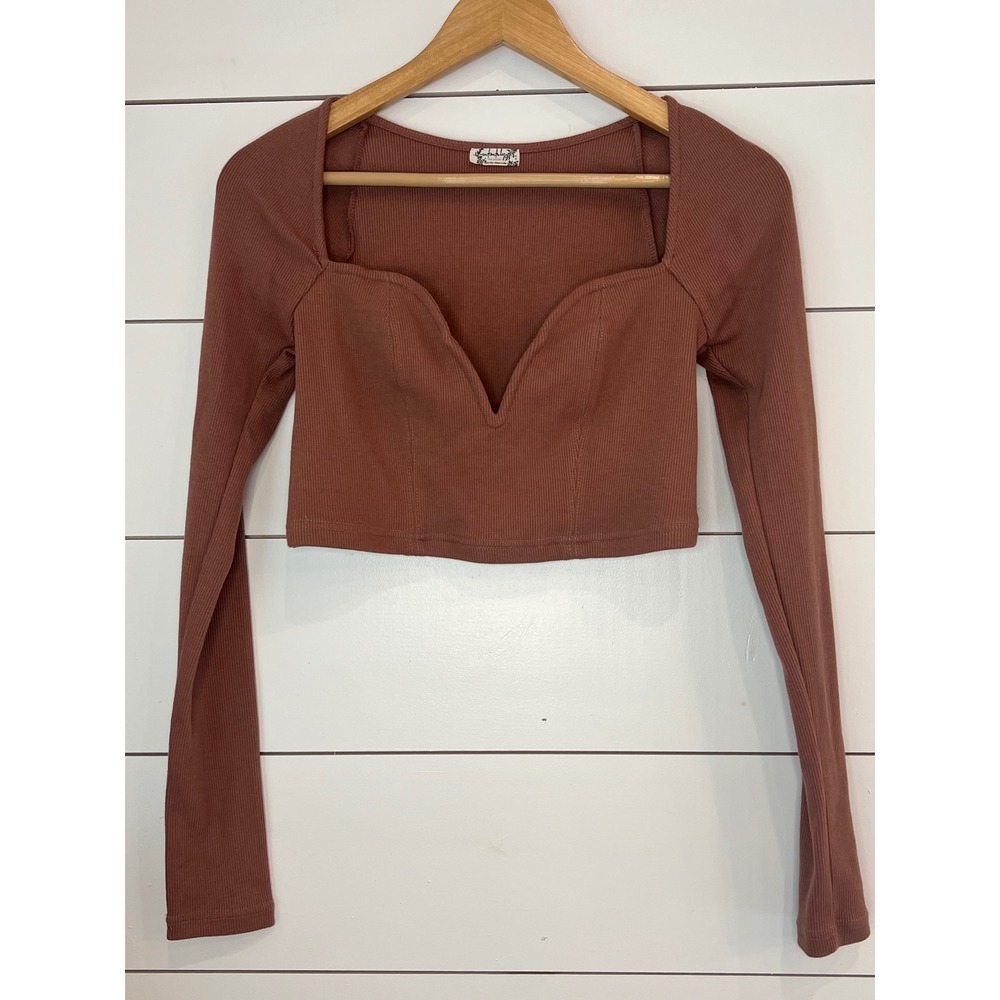 Intimately Free People Ribbed Sweetheart V-Wire Crop Top Long Sleeve Small